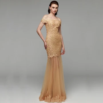 Modern Fashion Gold Evening Dresses 2020 Trumpet Mermaid Off The Shoulder Floor Length Long Embroidered Appliques Backless Beading Sequins Evening Party Formal Dresses