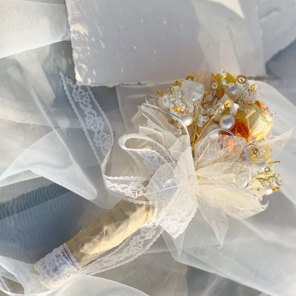 Modern / Fashion Champagne Wedding Flowers 2020 Handmade Beading Crystal Flower Pearl Lace Tulle Metal Bridal Wedding Prom Accessories