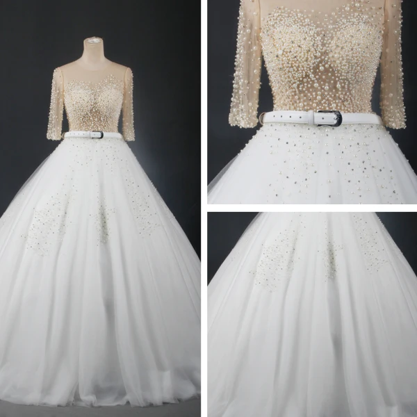 Luxe Witte Chapel Train Huwelijk 2018 Lange Mouwen Tule U-hals Doorzichtige Kralen Doorboord Rhinestone Baljurk Trouwjurken