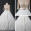 Luxe Witte Chapel Train Huwelijk 2018 Lange Mouwen Tule U-hals Doorzichtige Kralen Doorboord Rhinestone Baljurk Trouwjurken