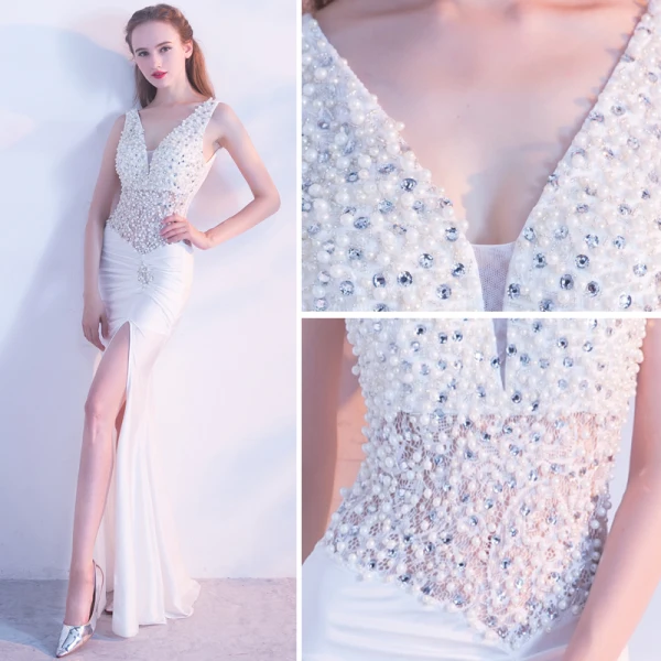 Chic / Beautiful White Evening Dresses 2017 Trumpet / Mermaid V-Neck Charmeuse Backless Pearl Pierced Rhinestone Party Dresses