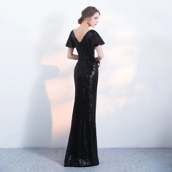 Chic / Belle Scintillantes Champagne Robe De Soirée 2017 Trompette / Sirène V-Cou Rayé Dos Nu Paillettes Soirée Robe De Fete