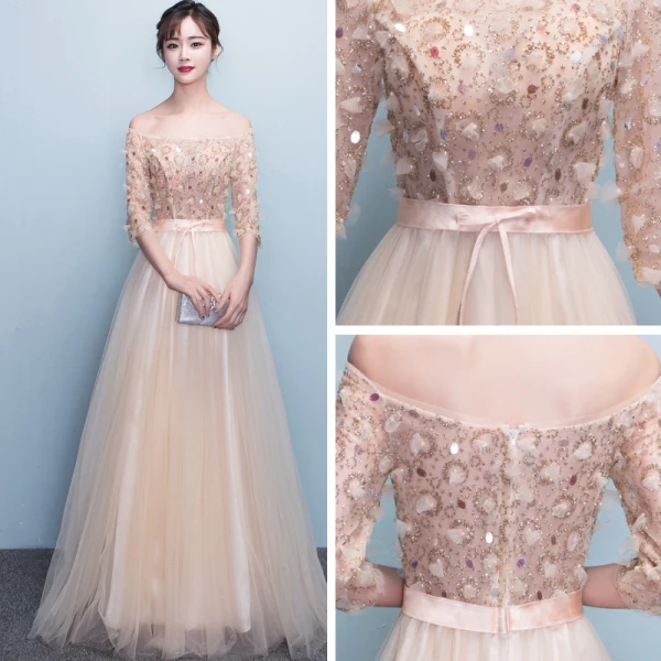 Chic / Beautiful Champagne Evening Dresses A-Line / Princess Tulle Strapless Appliques Backless Beading Crystal Evening Party Formal Dresses