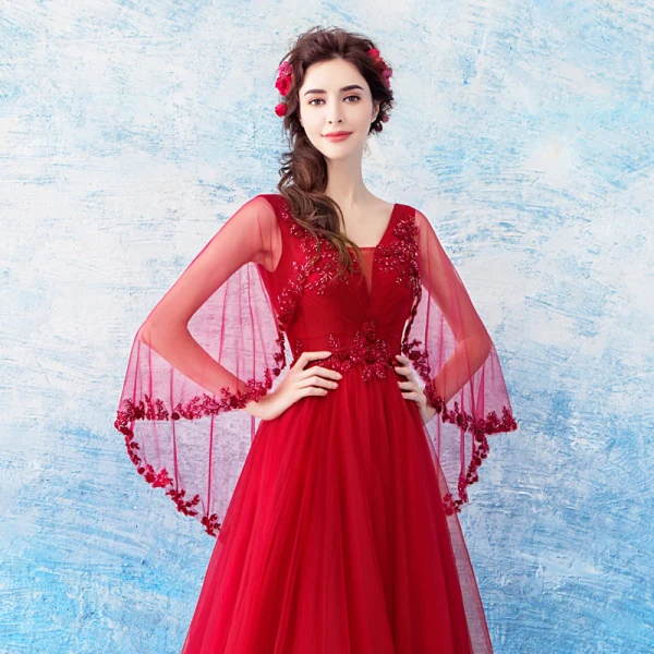 Chic / Beautiful Red Evening Dresses 2018 A-Line / Princess V-Neck Tulle Appliques Backless Beading Evening Party Formal Dresses