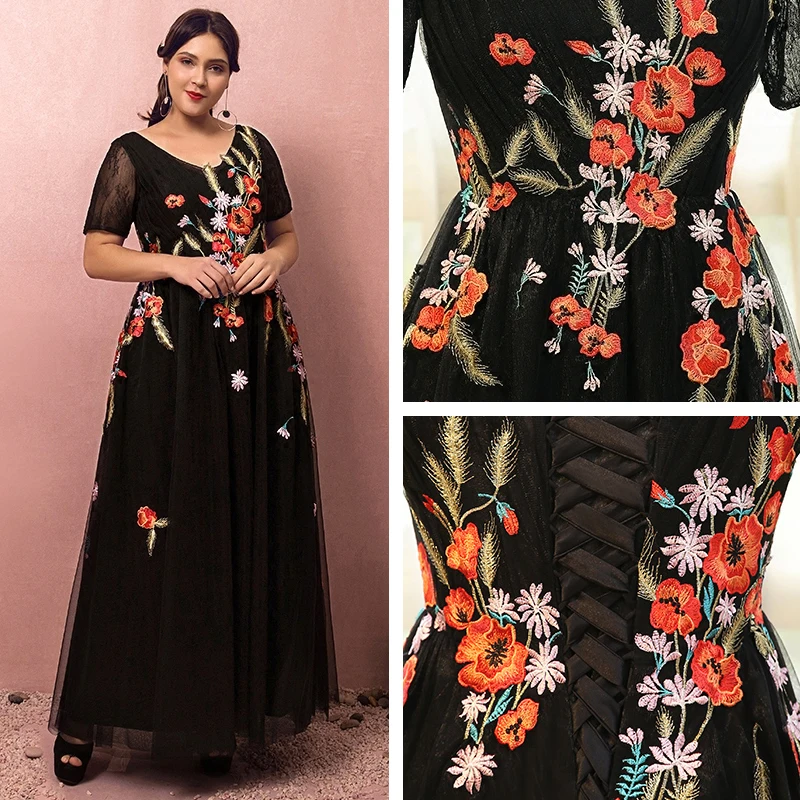 Flower Fairy Black Plus Size Evening Dresses 2018 A-Line / Princess V-Neck Tulle Backless Appliques Embroidered Evening Party Prom Dresses