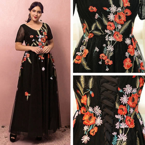 Flower Fairy Black Plus Size Evening Dresses 2018 A-Line / Princess V-Neck Tulle Backless Appliques Embroidered Evening Party Prom Dresses