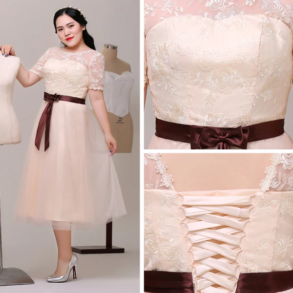 Charming Champagne Plus Size Graduation Dresses 2018 A-Line / Princess Lace-up Tulle U-Neck Appliques Backless Embroidered Homecoming Formal Dresses