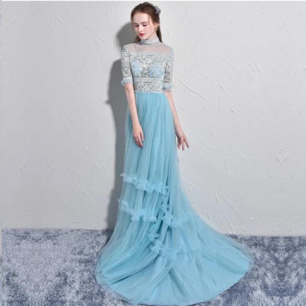 Chic / Belle Bleu Ciel Robe De Bal 2017 Princesse Col Haut Tulle Fait main Appliques Dos Nu Perlage Promo Robe De Ceremonie