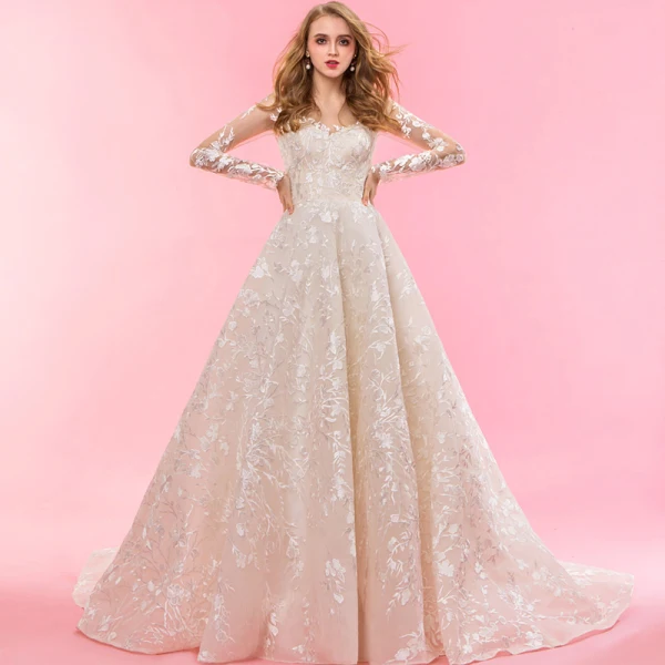 Luxe Champagne Chapel Train Huwelijk 2018 Lange Mouwen A lijn Tule U-hals Lace-up Appliques Ruglooze Geborduurde Trouwjurken