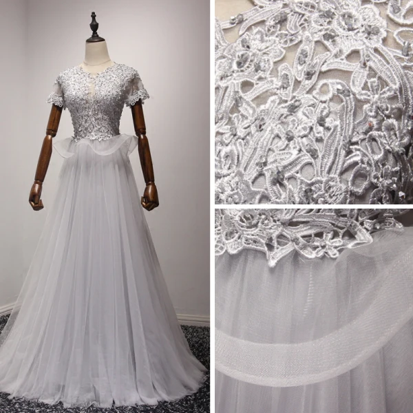 Snygga / Fina Silver Aftonklänningar 2017 Prinsessa Tyll U-Hals Appliqués Halterneck Beading Afton Formella Klänningar