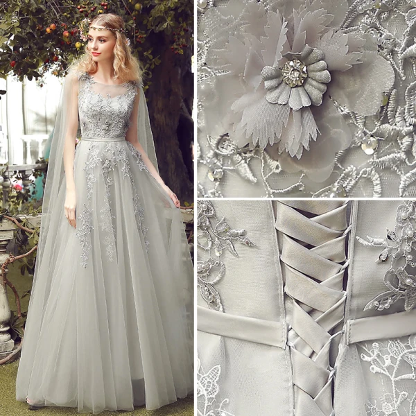 Chic / Beautiful Grey Evening Dresses 2017 Crossed Straps Appliques Backless Embroidered Pearl Pierced Strappy Chiffon Lace U-Neck Cocktail Party Sleeveless Evening Party