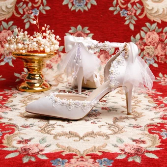 Amazing Unique White Lace 7 Cm Wedding High Heels 2019 Charmeuse Beading Pearl Pointed Toe Wedding Shoes