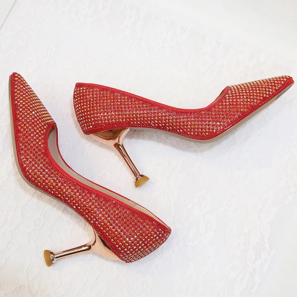 Scintillantes Bling Bling Argenté Chaussure De Mariée 2019 8 cm À Bout Pointu Cocktail Soirée Polyester Pailletée Perlage Faux Diamant Chaussures Femmes