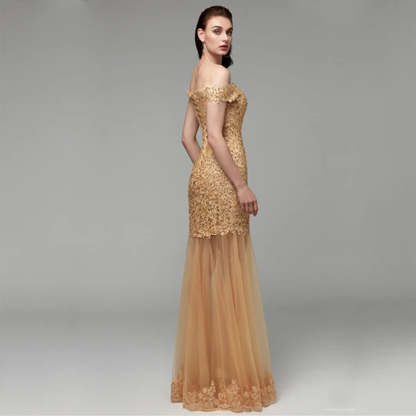 Modern / Fashion Gold Evening Dresses 2020 Trumpet / Mermaid Off-The-Shoulder Floor-Length / Long Embroidered Appliques Backless Beading Sequins Evening Party Formal Dresses
