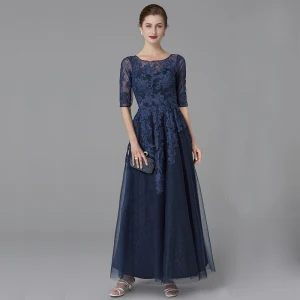 Classic Elegant Mother Of The Bride Dresses 2020 Floor Length Long A Line Princess U Neck 1 2 Sleeves Navy Blue Backless Embroidered Wedding Evening Party Wedding Party Dresses