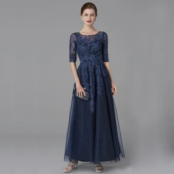 Classic Elegant Mother Of The Bride Dresses 2020 Floor Length Long A Line Princess U Neck 1 2 Sleeves Navy Blue Backless Embroidered Wedding Evening Party Wedding Party Dresses