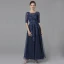 Classic Elegant Mother Of The Bride Dresses 2020 Floor-Length / Long A-Line / Princess U-Neck 1/2 Sleeves Navy Blue Backless Embroidered Wedding Evening Party Wedding Party Dresses