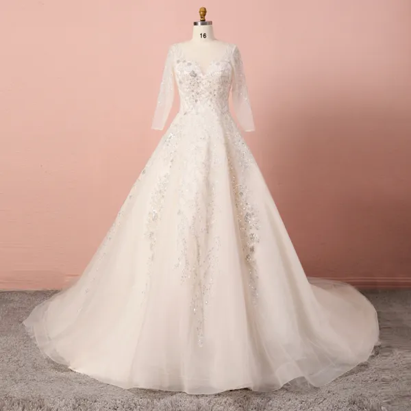 Luksusowe Szampan Duży Rozmiar Suknie Ślubne 2020 Princessa V-Szyja Frezowanie Cekiny Wykonany Ręcznie Tiulowe Długie Rękawy Trenem Katedra Ślub