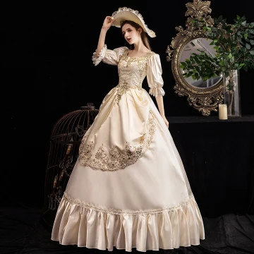 Vintage Retro Medieval Champagne Prom Dresses 2021 Tulle Satin 3d Lace Beading Sequins Handmade Cosplay Prom Formal Dresses