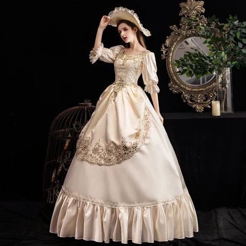 Vintage Mittelalterlich Champagner Ballkleider 2021 Tülle Satin 3D Spitze Perlenstickerei Pailletten Handgefertigt Cosplay Ball Festliche Kleider