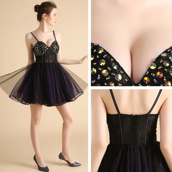Sexy Mode Schwarz Kurze Cocktailkleider 2018 A Linie Tülle Rückenfreies Perlenstickerei Strass Cocktail Festliche Kleider
