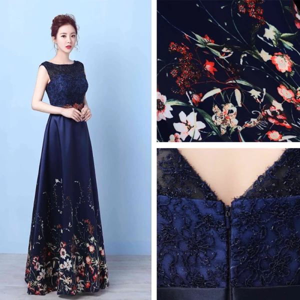 Flower Fairy Navy Blue Floor-Length / Long Evening Dresses 2018 A-Line / Princess U-Neck Appliques Backless Printing Beading Rhinestone Evening Party Formal Dresses
