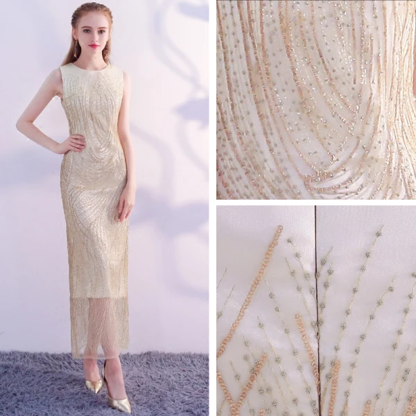 Sparkly Bling Bling Gold Tea-length Evening Dresses  2018 Trumpet / Mermaid U-Neck Tulle Beading Sequins Formal Dresses