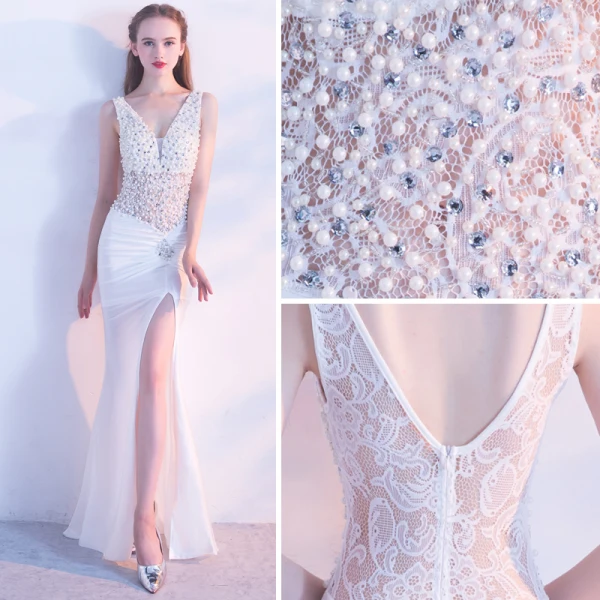 Chic / Beautiful White Evening Dresses 2017 Trumpet / Mermaid V-Neck Charmeuse Backless Pearl Pierced Rhinestone Party Dresses