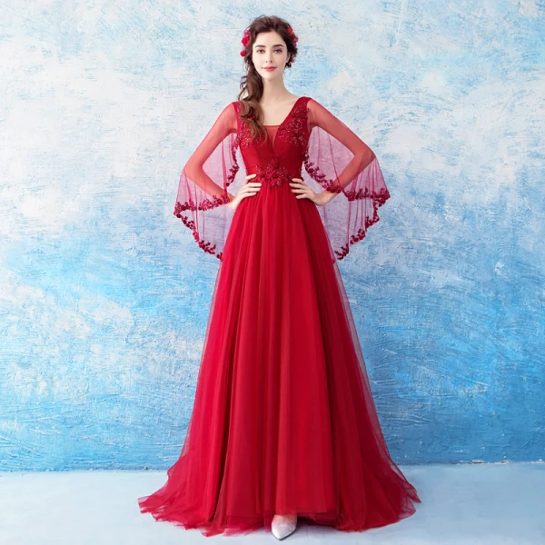 Chic / Beautiful Red Evening Dresses 2018 A-Line / Princess V-Neck Tulle Appliques Backless Beading Evening Party Formal Dresses