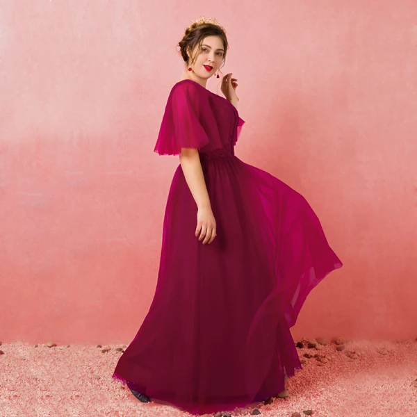Modest / Simple Burgundy Plus Size Evening Dresses 2018 A-Line / Princess Lace-up Tulle U-Neck Appliques Backless Evening Party Formal Dresses
