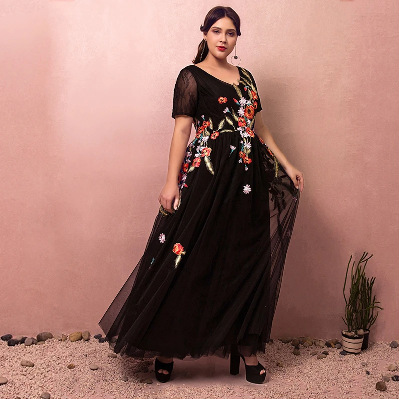 Flower Fairy Black Plus Size Evening Dresses 2018 A-Line / Princess V-Neck Tulle Backless Appliques Embroidered Evening Party Prom Dresses