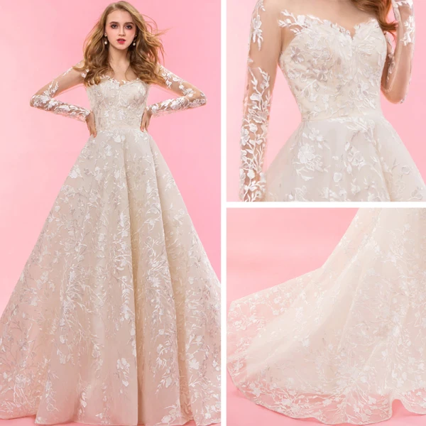 Luxe Champagne Chapel Train Huwelijk 2018 Lange Mouwen A lijn Tule U-hals Lace-up Appliques Ruglooze Geborduurde Trouwjurken