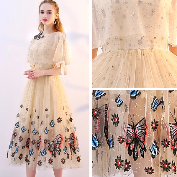 Lovely Champagne Tea-length Graduation Dresses 2018 A-Line / Princess U-Neck Tulle With Shawl Butterfly Beading Appliques Formal Dresses