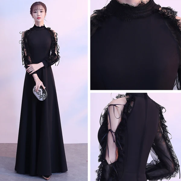 Modern / Fashion Black Floor-Length / Long Evening Dresses 2018 A-Line / Princess High Neck Lace-up Long Sleeve Strappy Charmeuse Formal Dresses