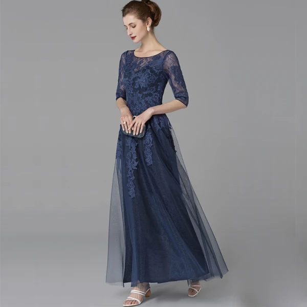 Classic Elegant Mother Of The Bride Dresses 2020 Floor-Length / Long A-Line / Princess U-Neck 1/2 Sleeves Navy Blue Backless Embroidered Wedding Evening Party Wedding Party Dresses