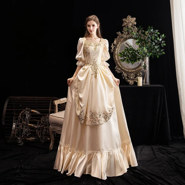 Vintage / Retro Medieval Champagne Prom Dresses 2021 Tulle Satin 3D Lace Beading Sequins Handmade Cosplay Prom Formal Dresses