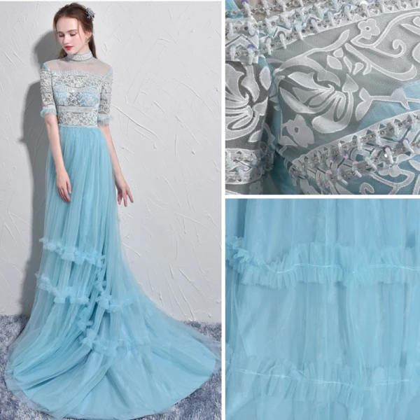 Chic / Belle Bleu Ciel Robe De Bal 2017 Princesse Col Haut Tulle Fait main Appliques Dos Nu Perlage Promo Robe De Ceremonie