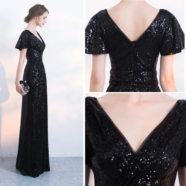 Chic / Belle Scintillantes Champagne Robe De Soirée 2017 Trompette / Sirène V-Cou Rayé Dos Nu Paillettes Soirée Robe De Fete