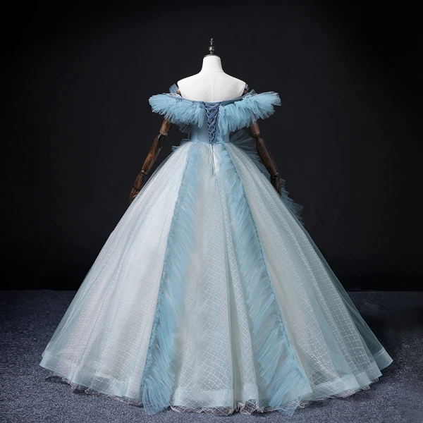 Fashion Sky Blue Ruffle Prom Dresses 2022 Ball Gown Off-The-Shoulder Short Sleeve Backless Beading Pearl Sequins Floor-Length / Long Formal Dresses