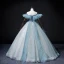 Fashion Sky Blue Ruffle Prom Dresses 2022 Ball Gown Off-The-Shoulder Short Sleeve Backless Beading Pearl Sequins Floor-Length / Long Formal Dresses