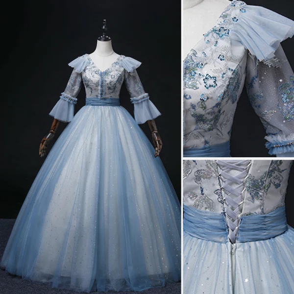 Chic / Beautiful Pool Blue Beading Pearl Sequins Prom Dresses 2022 Ball Gown V-Neck Bell sleeves Backless Floor-Length / Long Formal Dresses