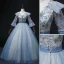 Chic / Beautiful Pool Blue Beading Pearl Sequins Prom Dresses 2022 Ball Gown V-Neck Bell sleeves Backless Floor-Length / Long Formal Dresses