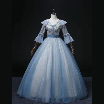 Chic Belle Bleu Perlage Perle Paillettes Robe De Bal 2022 Robe Boule V Cou Manches De Cloche Dos Nu Longue Robe De Ceremonie