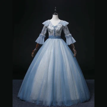 Chic Belle Bleu Perlage Perle Paillettes Robe De Bal 2022 Robe Boule V Cou Manches De Cloche Dos Nu Longue Robe De Ceremonie