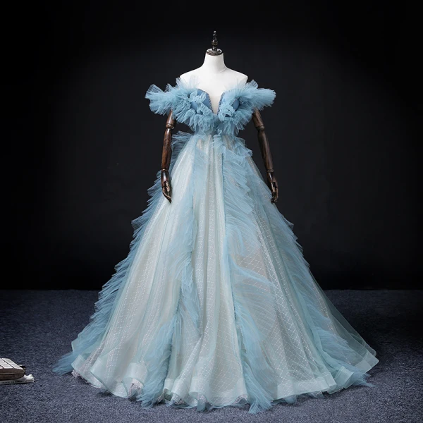Fashion Sky Blue Ruffle Prom Dresses 2022 Ball Gown Off-The-Shoulder Short Sleeve Backless Beading Pearl Sequins Floor-Length / Long Formal Dresses