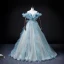 Fashion Sky Blue Ruffle Prom Dresses 2022 Ball Gown Off-The-Shoulder Short Sleeve Backless Beading Pearl Sequins Floor-Length / Long Formal Dresses