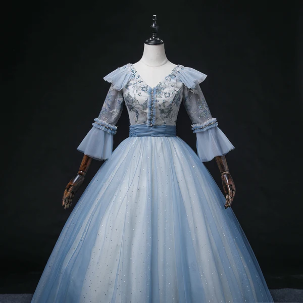 Chic / Beautiful Pool Blue Beading Pearl Sequins Prom Dresses 2022 Ball Gown V-Neck Bell sleeves Backless Floor-Length / Long Formal Dresses