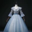 Chic / Beautiful Pool Blue Beading Pearl Sequins Prom Dresses 2022 Ball Gown V-Neck Bell sleeves Backless Floor-Length / Long Formal Dresses