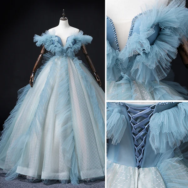 Fashion Sky Blue Ruffle Prom Dresses 2022 Ball Gown Off-The-Shoulder Short Sleeve Backless Beading Pearl Sequins Floor-Length / Long Formal Dresses