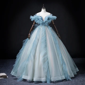Mode Bleu Ciel Volants Robe De Bal 2022 Robe Boule De L Épaule Manches Courtes Dos Nu Perlage Perle Paillettes Longue Robe De Ceremonie